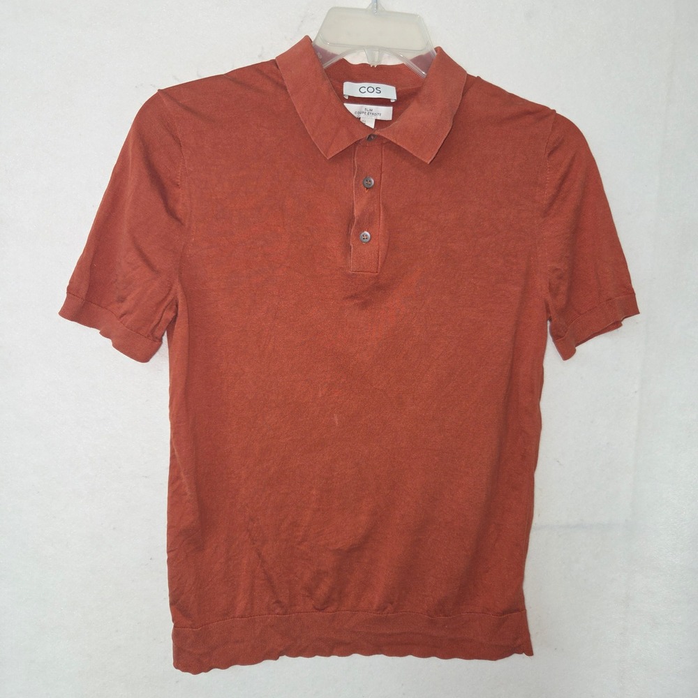 COS Silk Cotton Knit‎ Polo Shirt Mens Medium Burnt Orange Slim Fit Short Sleeve